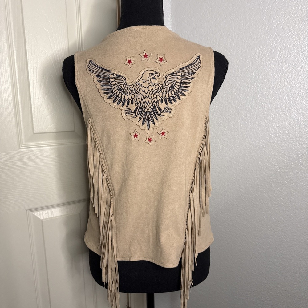 IDYLLWIND Miranda Lambert Tan Fringe Vest Faux Suede Large Eagle Americana